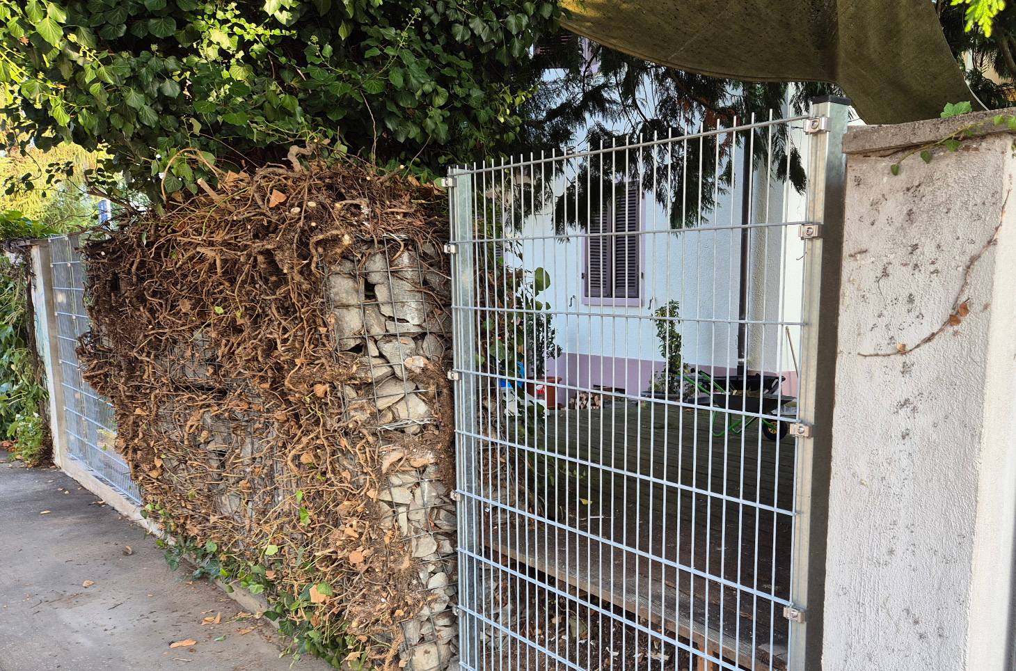 Beschädigte Mauer durch Zaun ersetzt